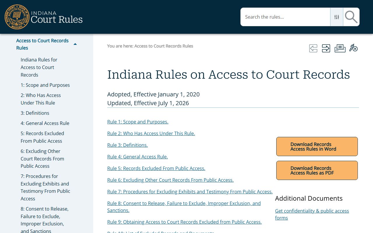 Union County court dockets Indiana access to court records rules