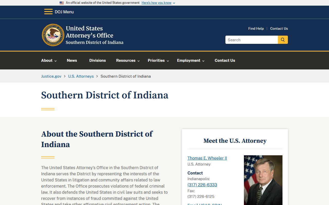 Union County criminal court records Southern District of Indiana federal prosecutor context