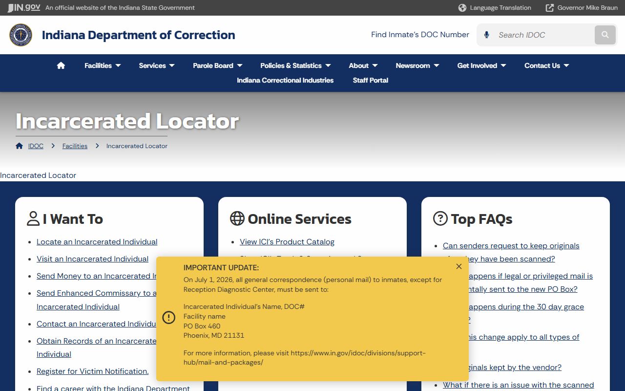 Union County inmate search Indiana DOC locator routing
