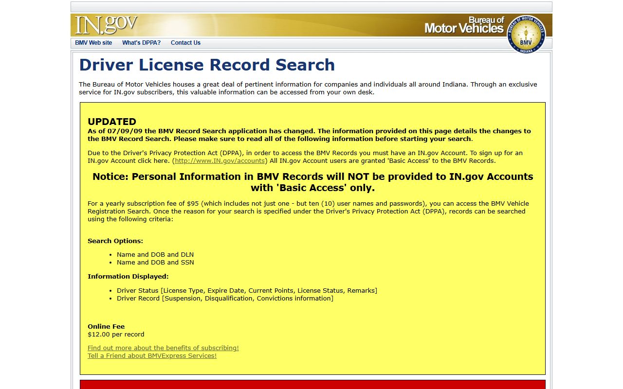 Union County traffic records Indiana BMV driver record search